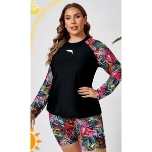 Halcurt Women's Built in Bra LS  Rash Guard Swimsuit Shirt Shorts XL NWOT 1X